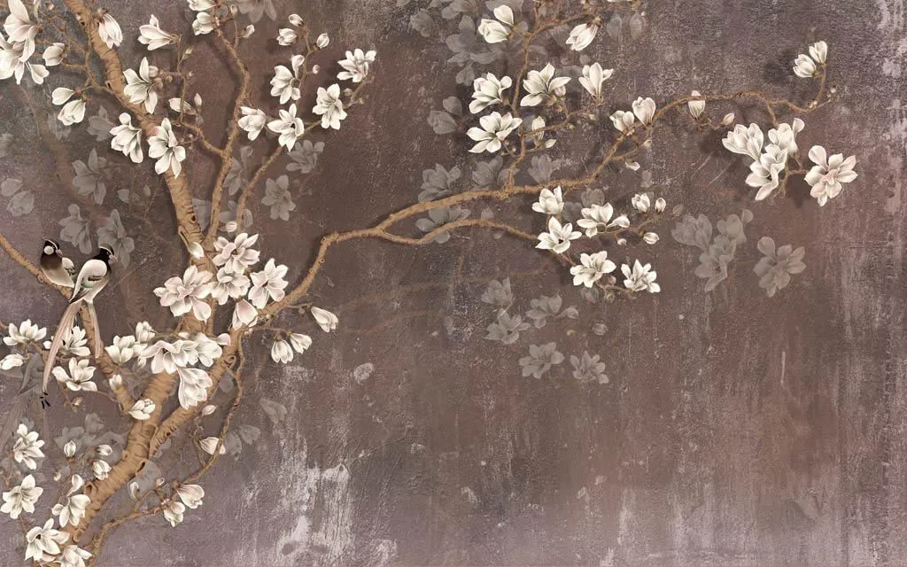 Фотообои в интерьере 3д белая сакура  10-914 фото