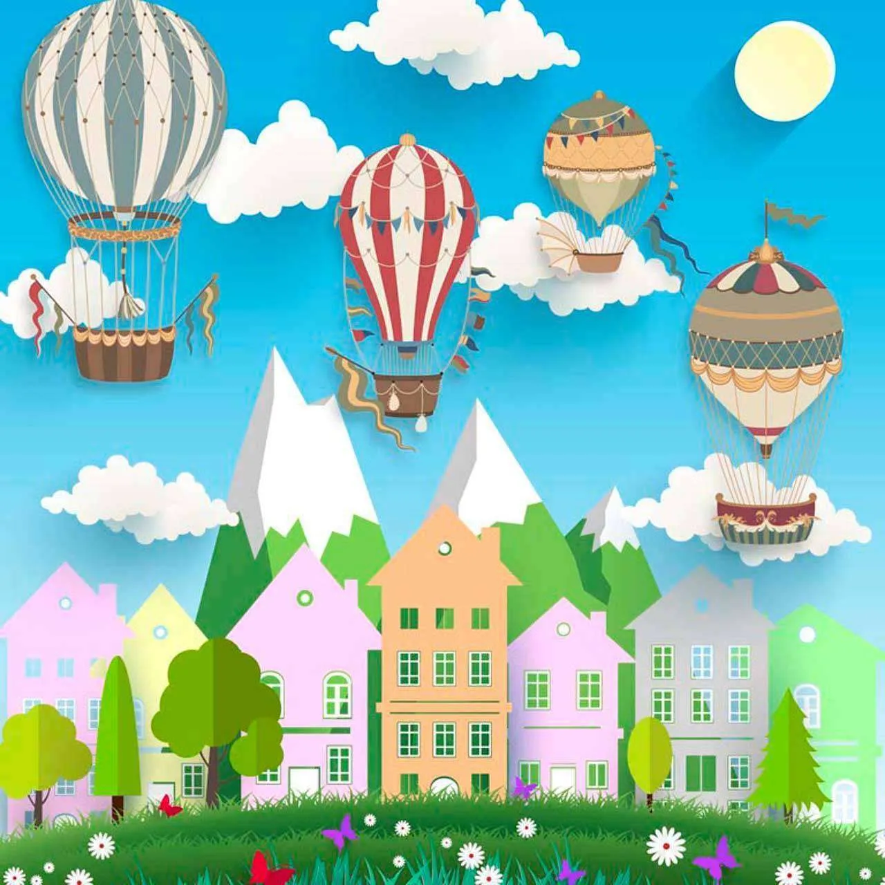 Фотообои в интерьере город с воздушными шарами  7-622 фото