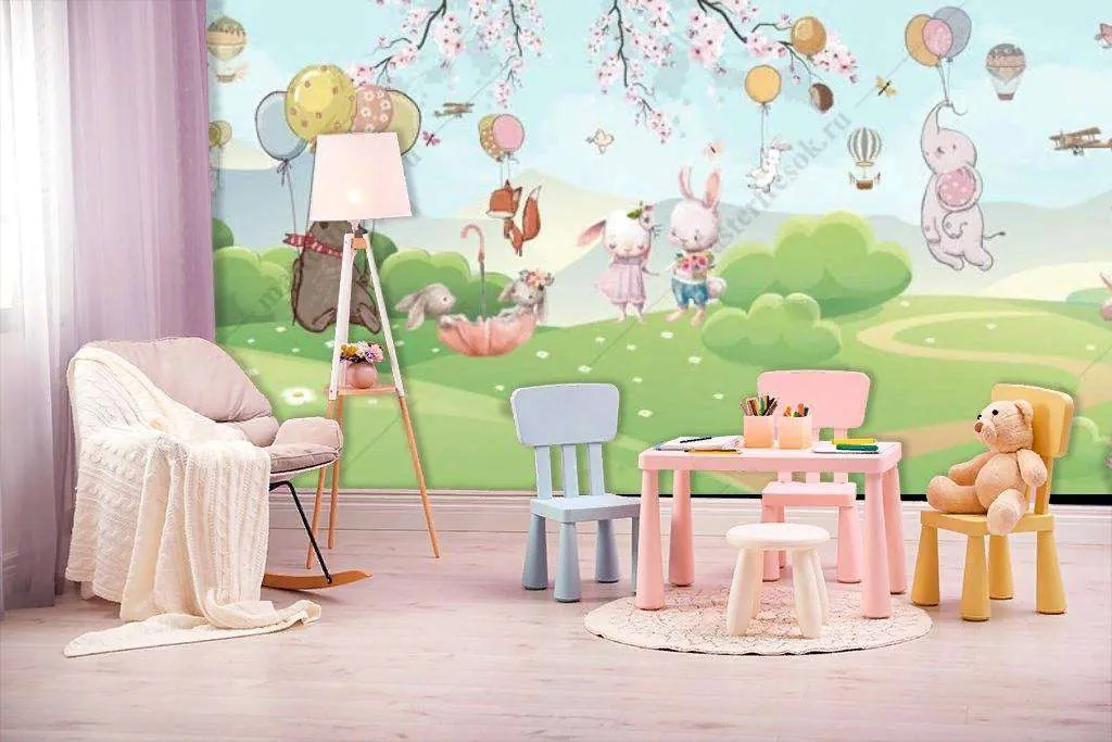 Фотообои в интерьере зверята с шарами на поляне  12-1208 фото