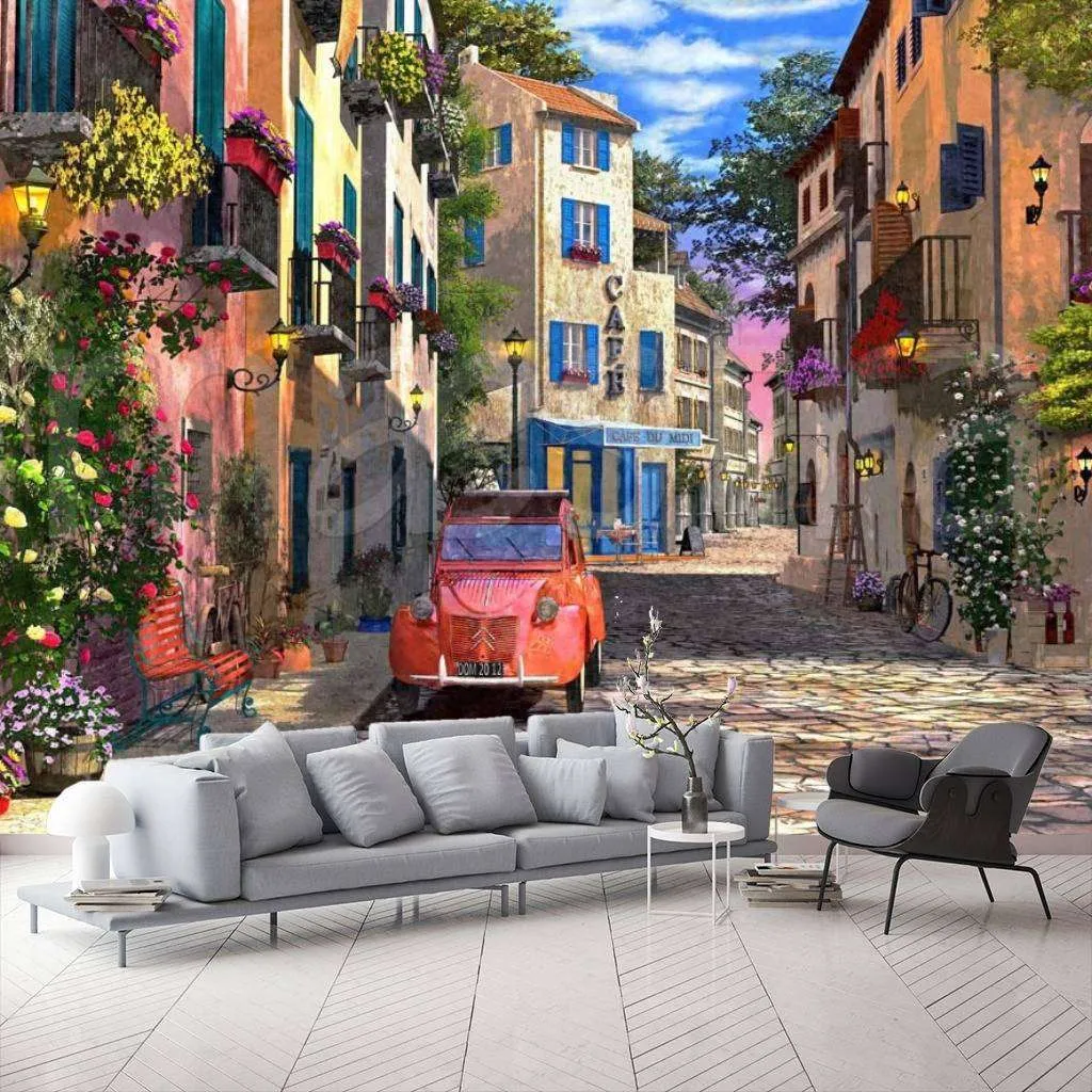 Фотообои Красное авто на старинной улочке  8-032