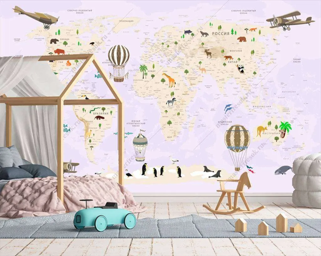 Фотообои в интерьере карта мира на русском сиреневая  12-972 фото