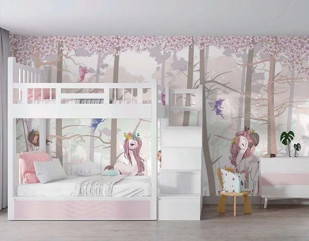 Фотообои в интерьере принцесса и единорог в лесу  14-313 фото