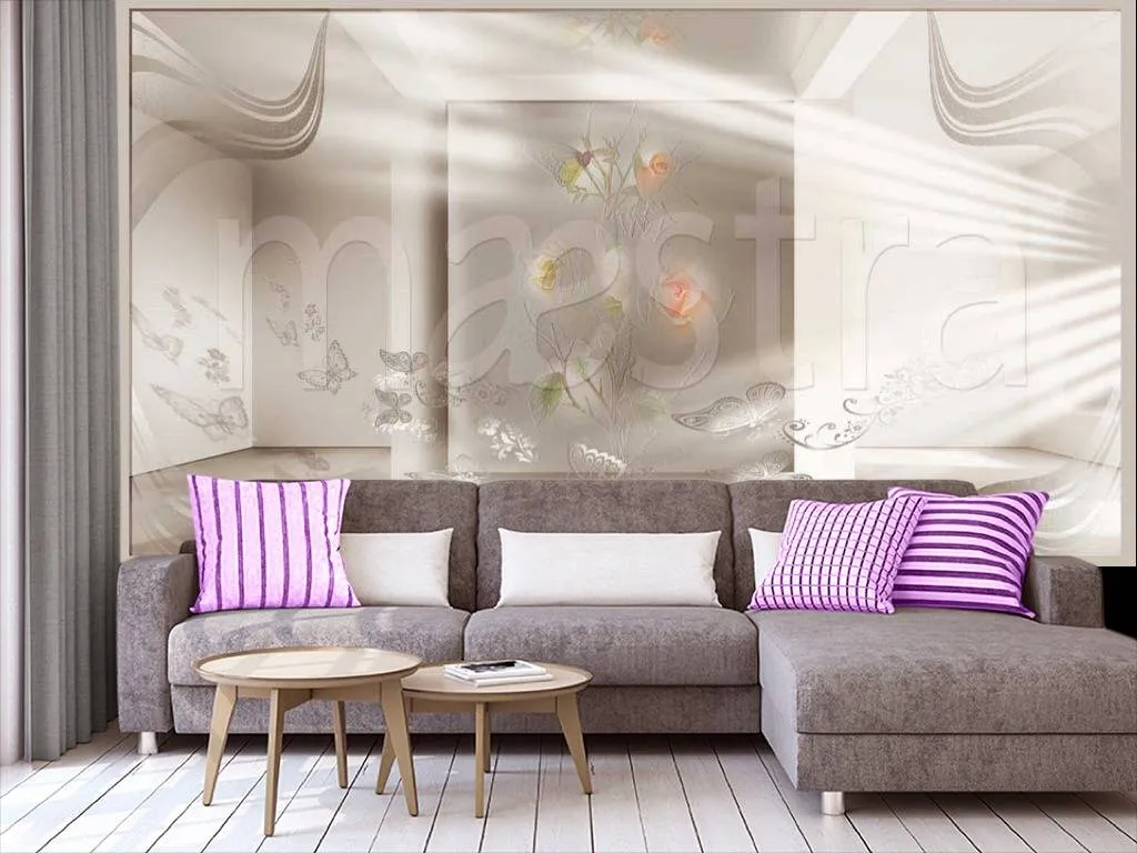 Фотообои в интерьере 3д бабочки и цветы на сером фоне  7-269 фото