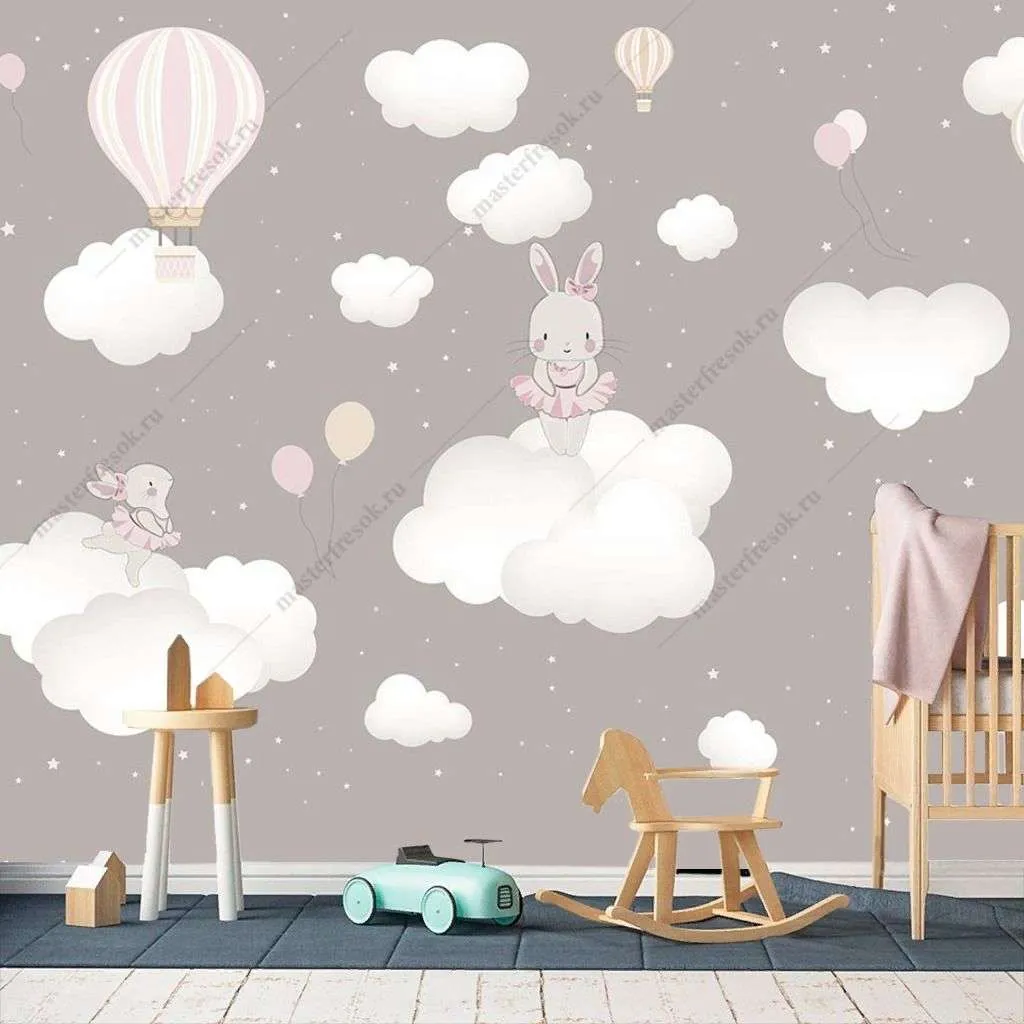 Фотообои в интерьере зайки милые на облаках  12-1477 фото