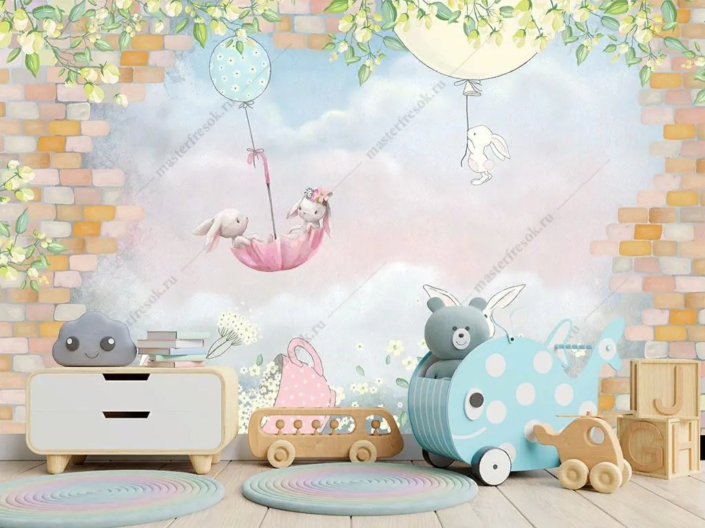 Фотообои Зайки в зонтике и крпичная стена  14-643