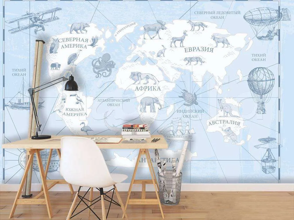 Фотообои в интерьере карта мира на русском с самолетом  12-505 фото