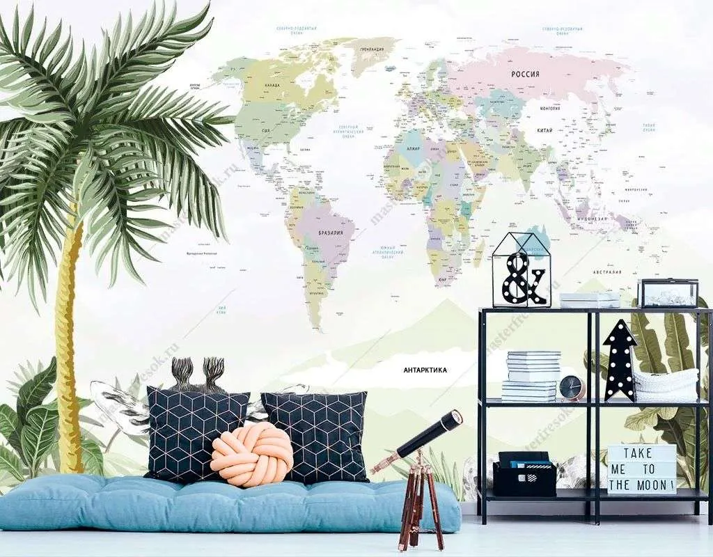 Фотообои в интерьере карта и тропики  14-489 фото