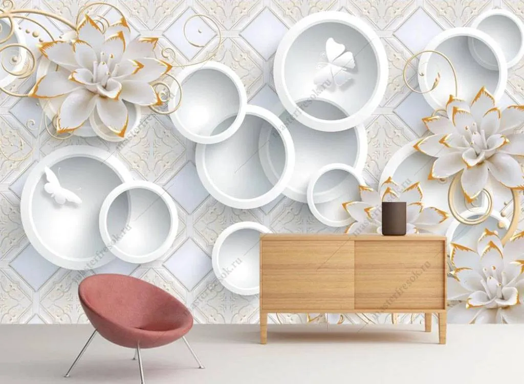 Фотообои в интерьере цветы 3д в круге  16-190 фото