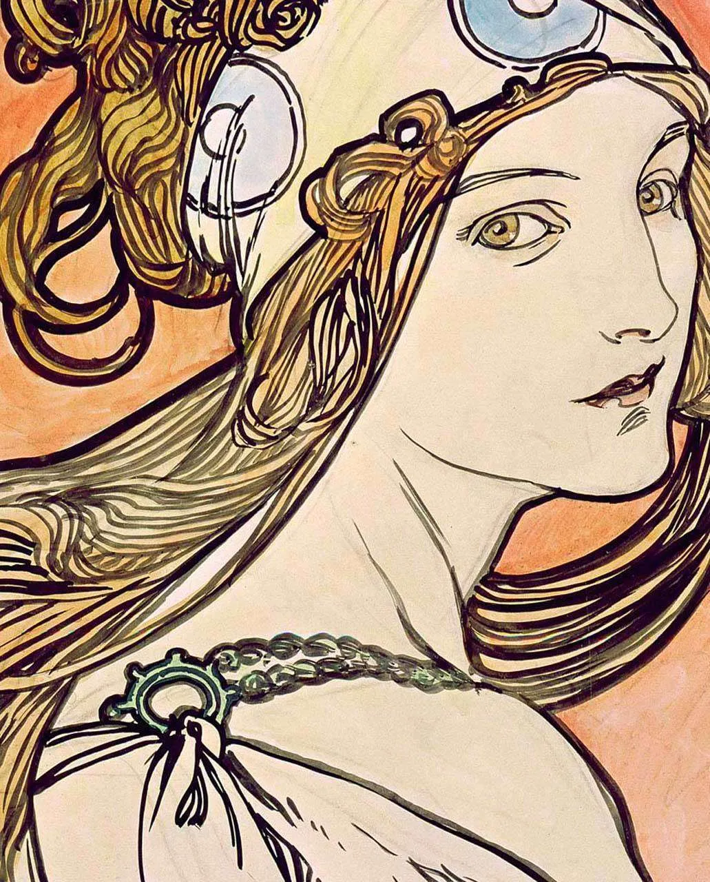 Фотообои в интерьере альфонс мариа муха - плакат в стиле модерн - женщина в профиль  8-244 фото