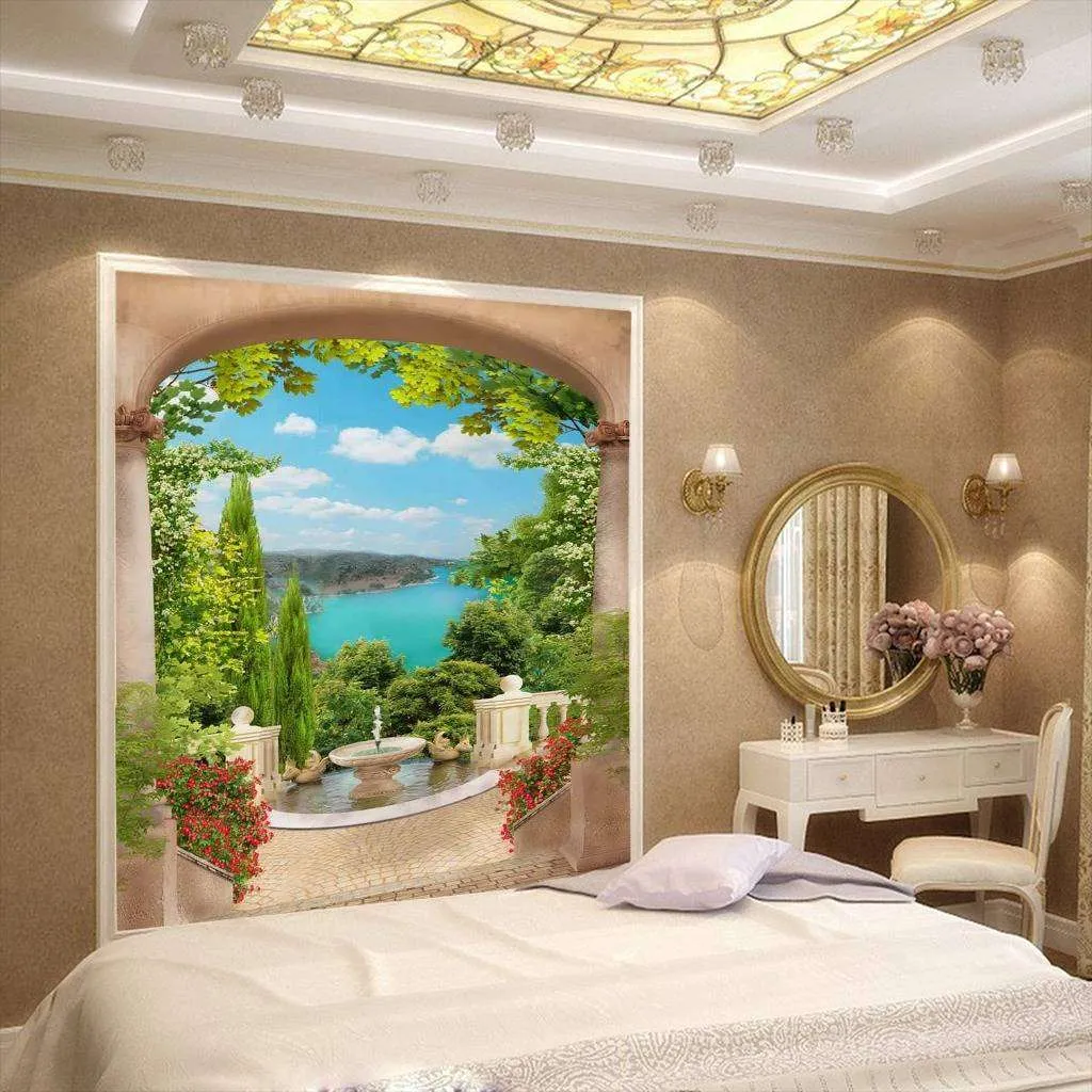 Фотообои в интерьере арка во дворик с фонтаном  17-0068 фото