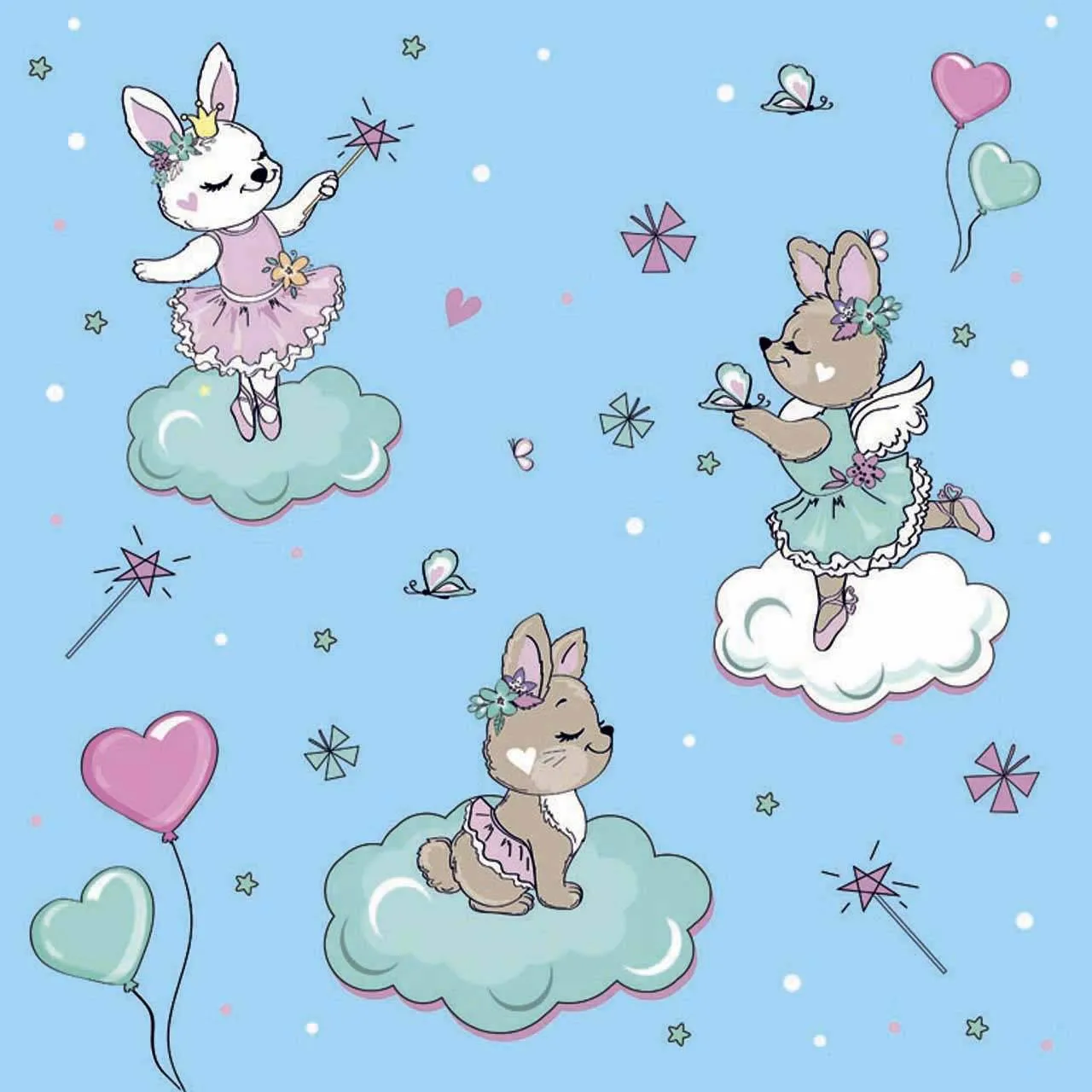 Фотообои в интерьере зверята на облаках на голубом фоне  12-418 фото