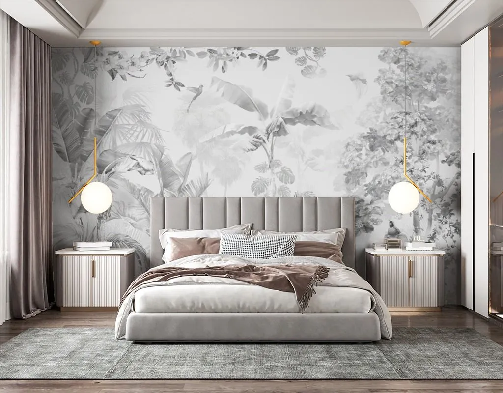 Фотообои в интерьере тропический лес серый  13-745 фото