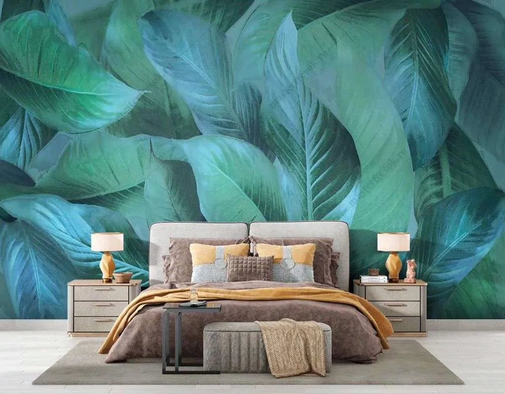 Фотообои в интерьере зеленые тропические листья  13-399 фото