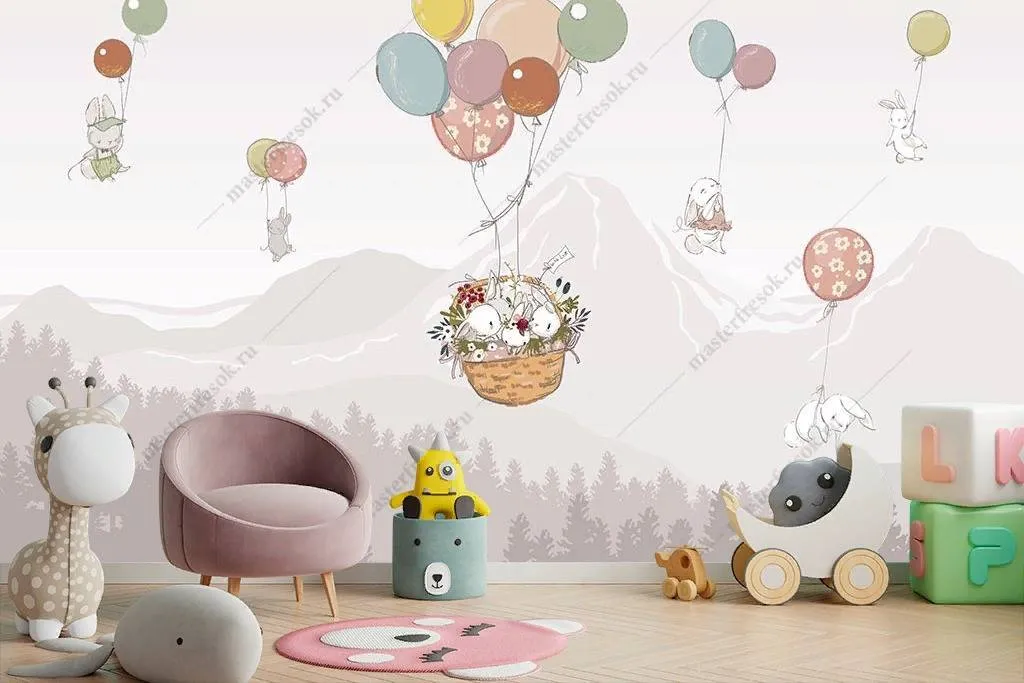 Фотообои в интерьере зайчики на шариках в горах  14-075 фото