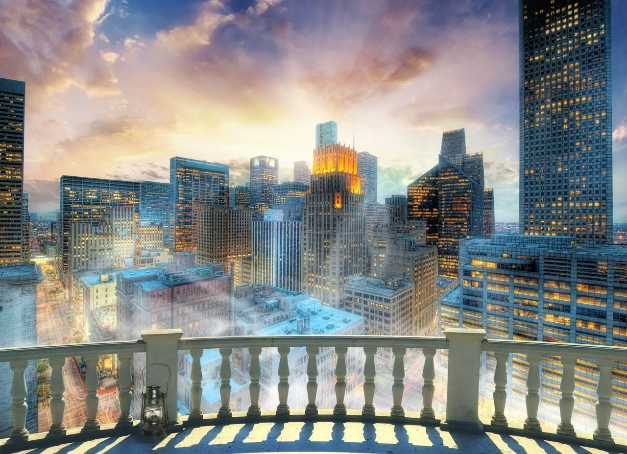 Фотообои в интерьере терраса с видом на ночной город  19-0179 фото