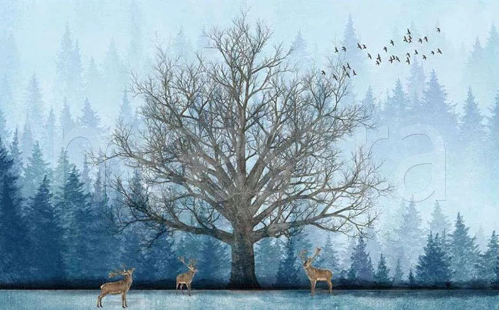 Фотообои в интерьере дерево в голубом лесу  15-531 фото