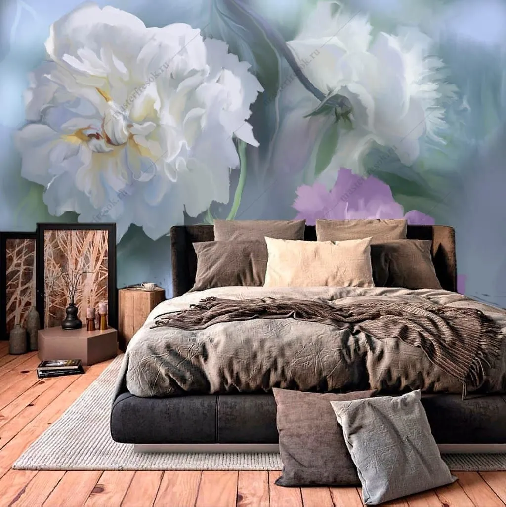 Фотообои в интерьере белые пионы 3д  13-369 фото