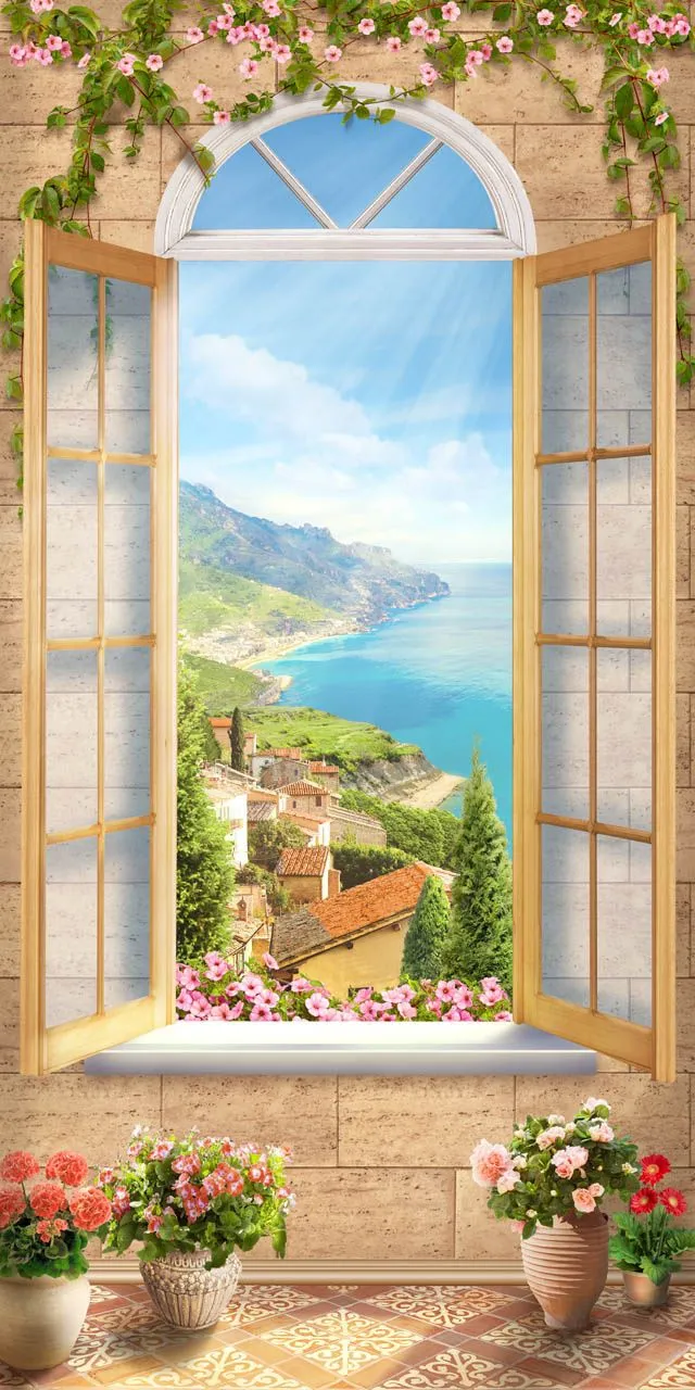 Фотообои в интерьере окно с видом на голубое море  19-0191 фото