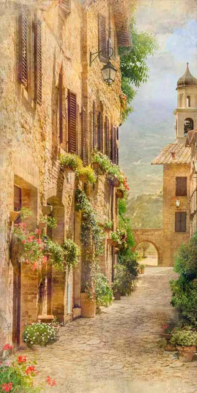 Фотообои в интерьере бежевая улочка, уходящая в горы  11-179 фото