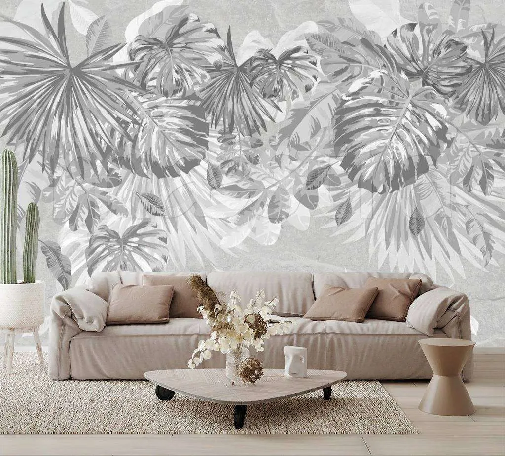 Фотообои в интерьере тропические листья на сером фоне  7-952 фото