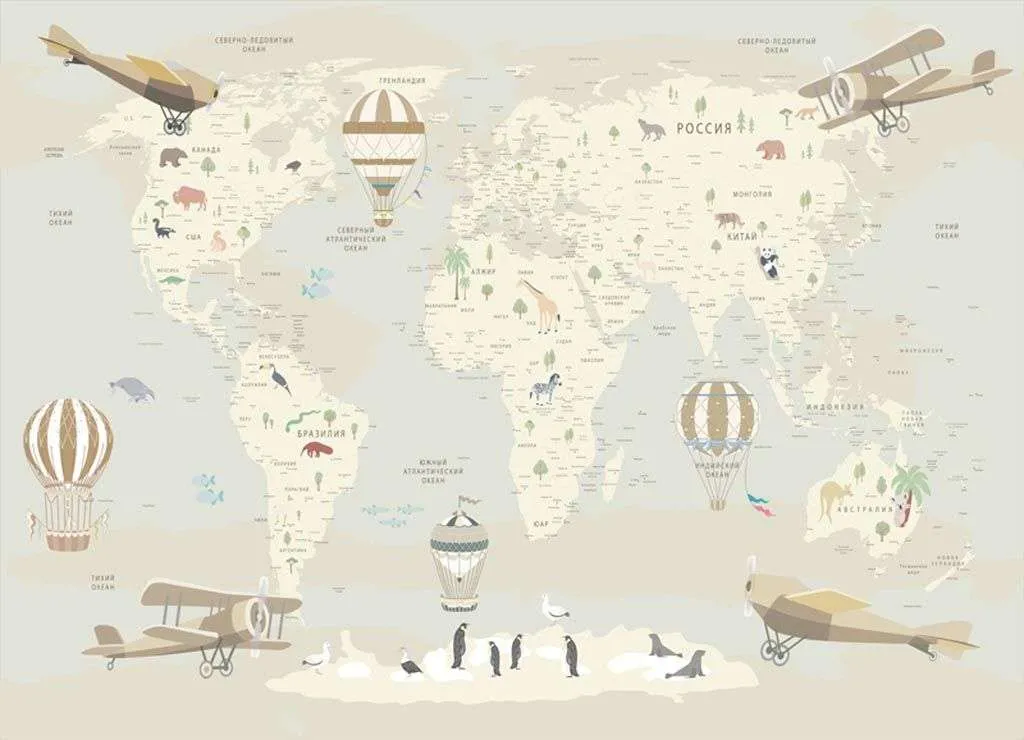 Фотообои в интерьере карта детская светлая  12-976 фото