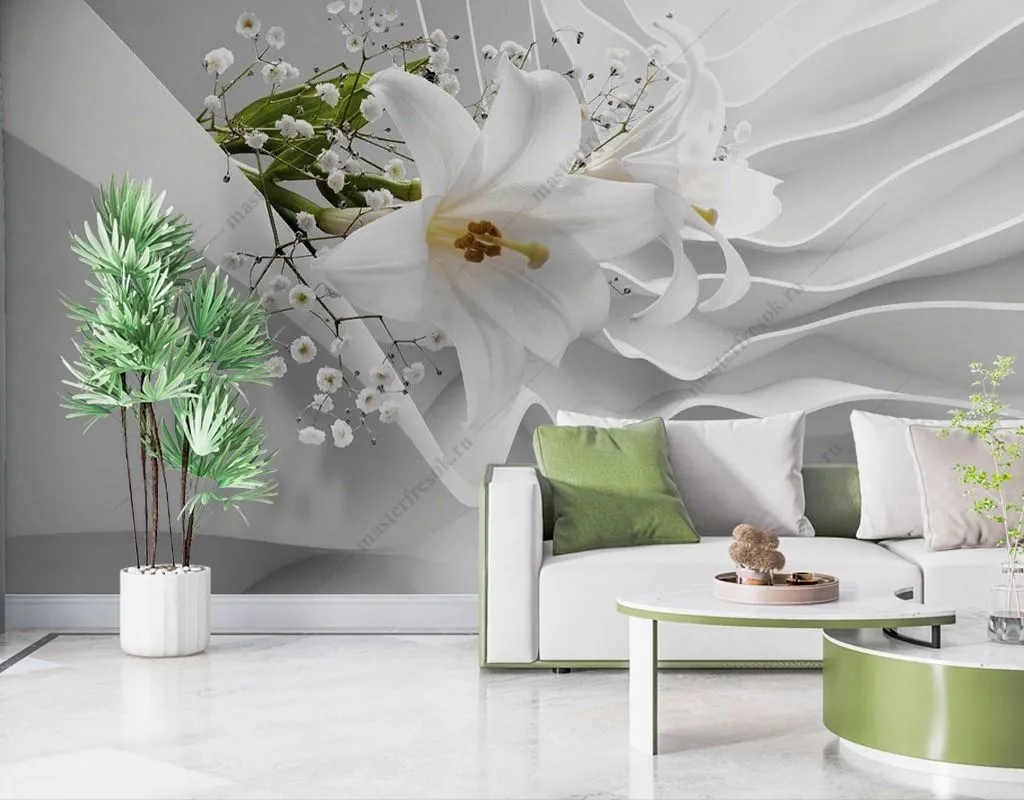 Фотообои в интерьере белые лилии 3d  10-983 фото