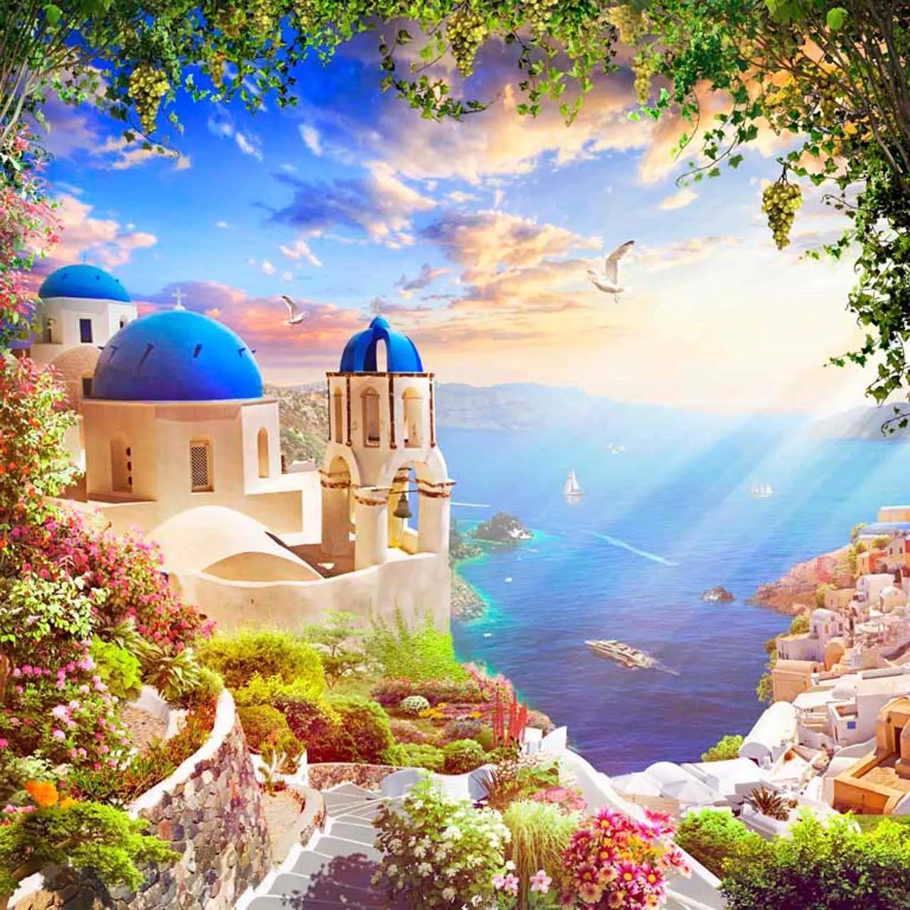 Фотообои в интерьере вид на море и берег санторини  11-159 фото