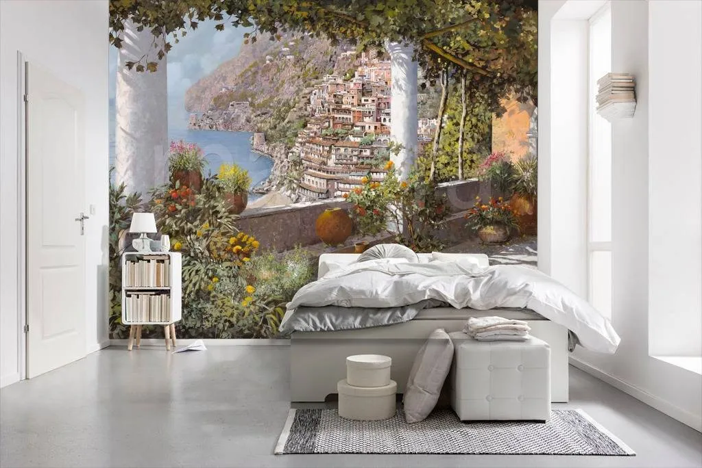 Фотообои в интерьере вид на красивое море с набережной  8-076 фото