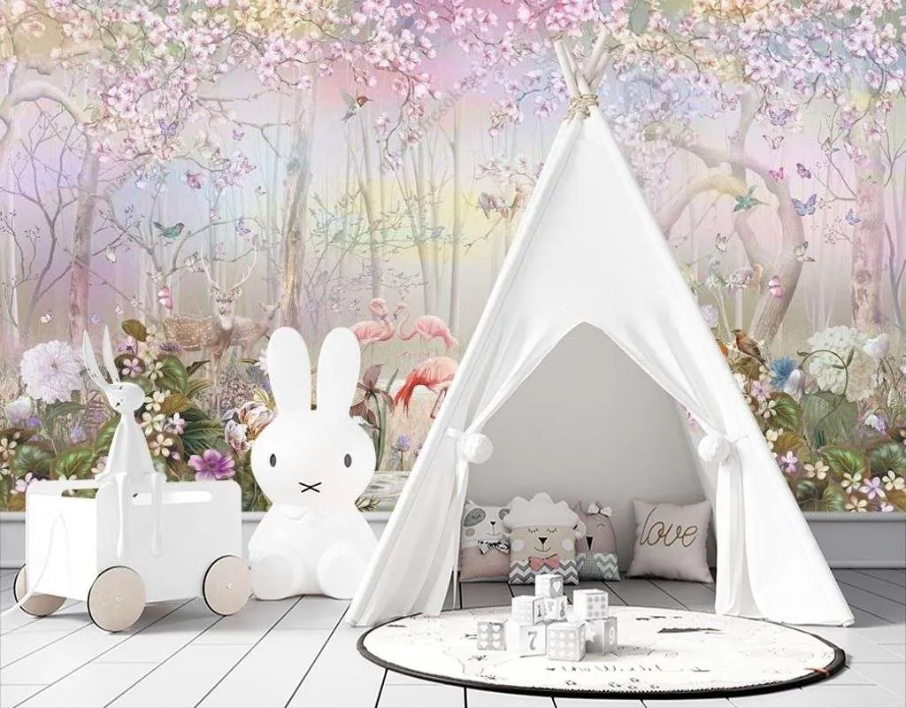 Фотообои в интерьере лес цветущий с животными  12-1473 фото