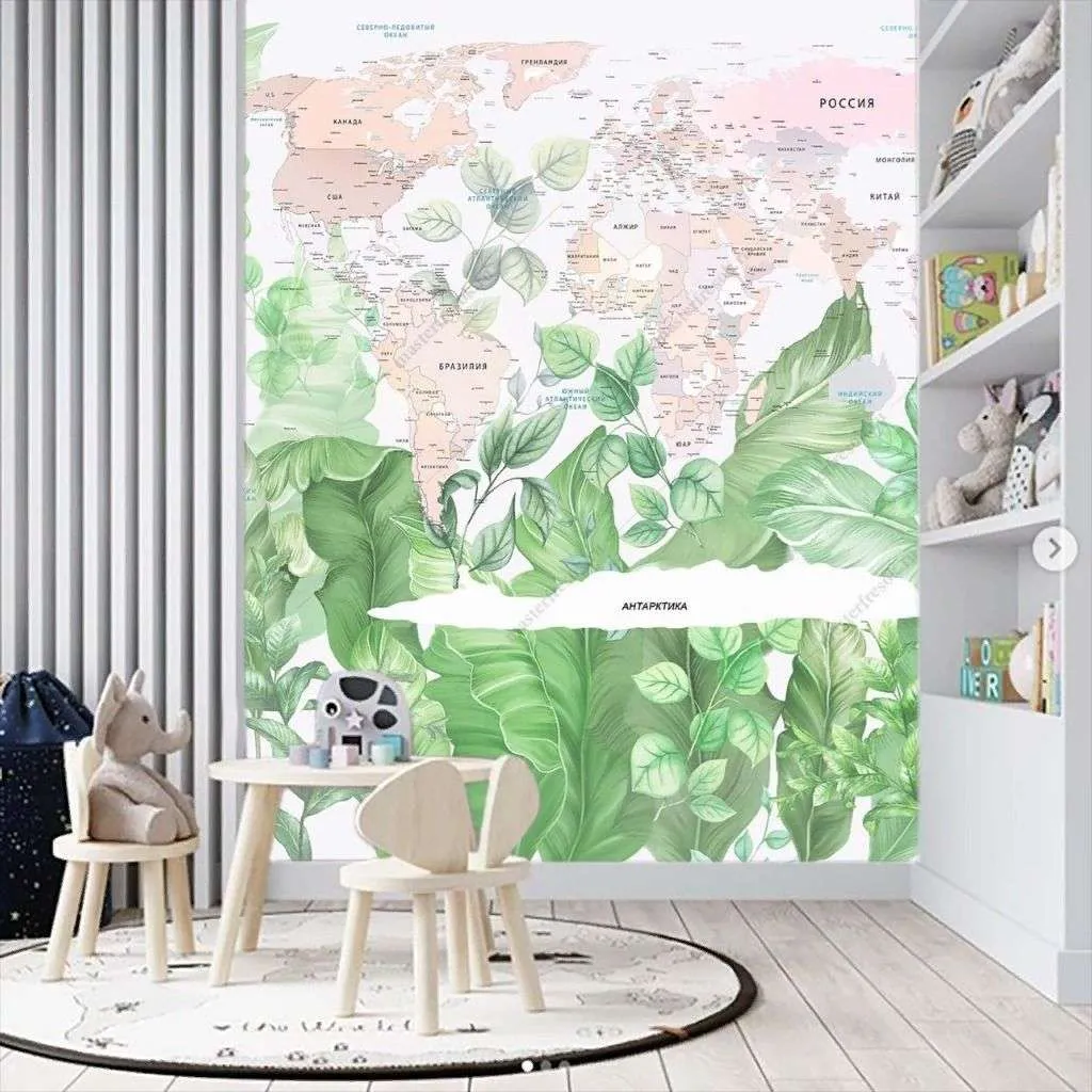 Фотообои в интерьере карта мира на фоне ярких листьев   14-701 фото