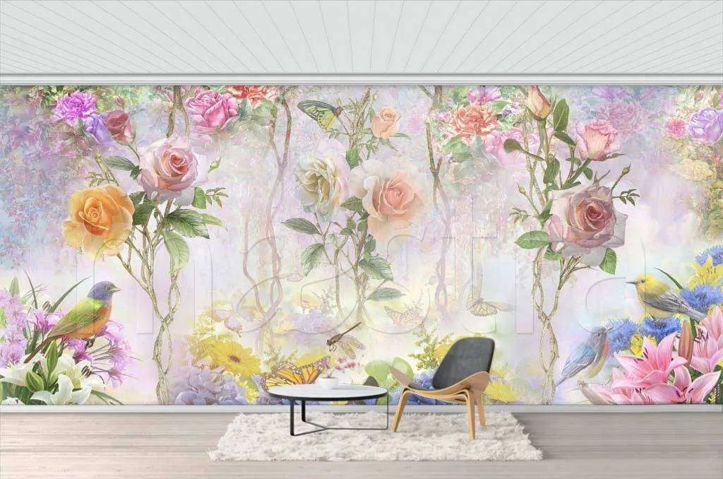 Фотообои в интерьере цветы розы и птицы в пастельных тонах  7-324 фото